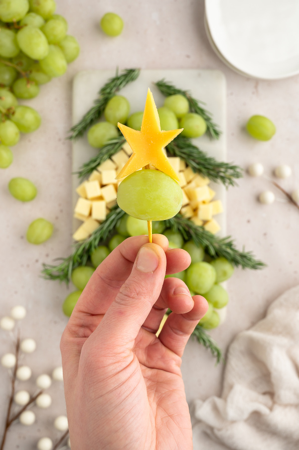 cheese star and grape on toothpick