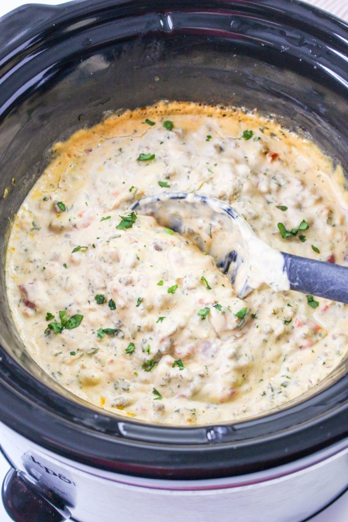 Slow Cooker Creamy Sausage Dip in a crockpot