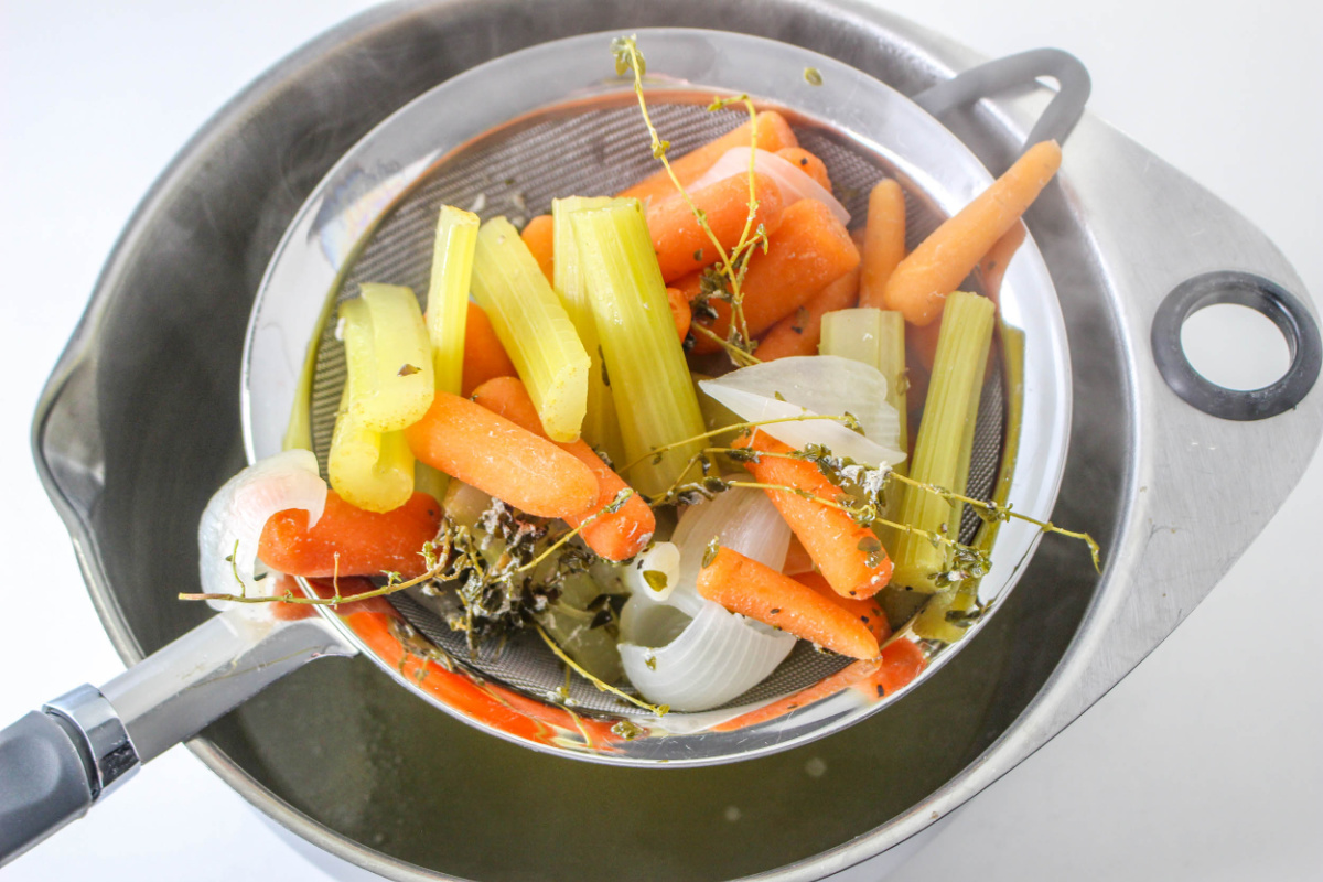 vegetables strained from pot
