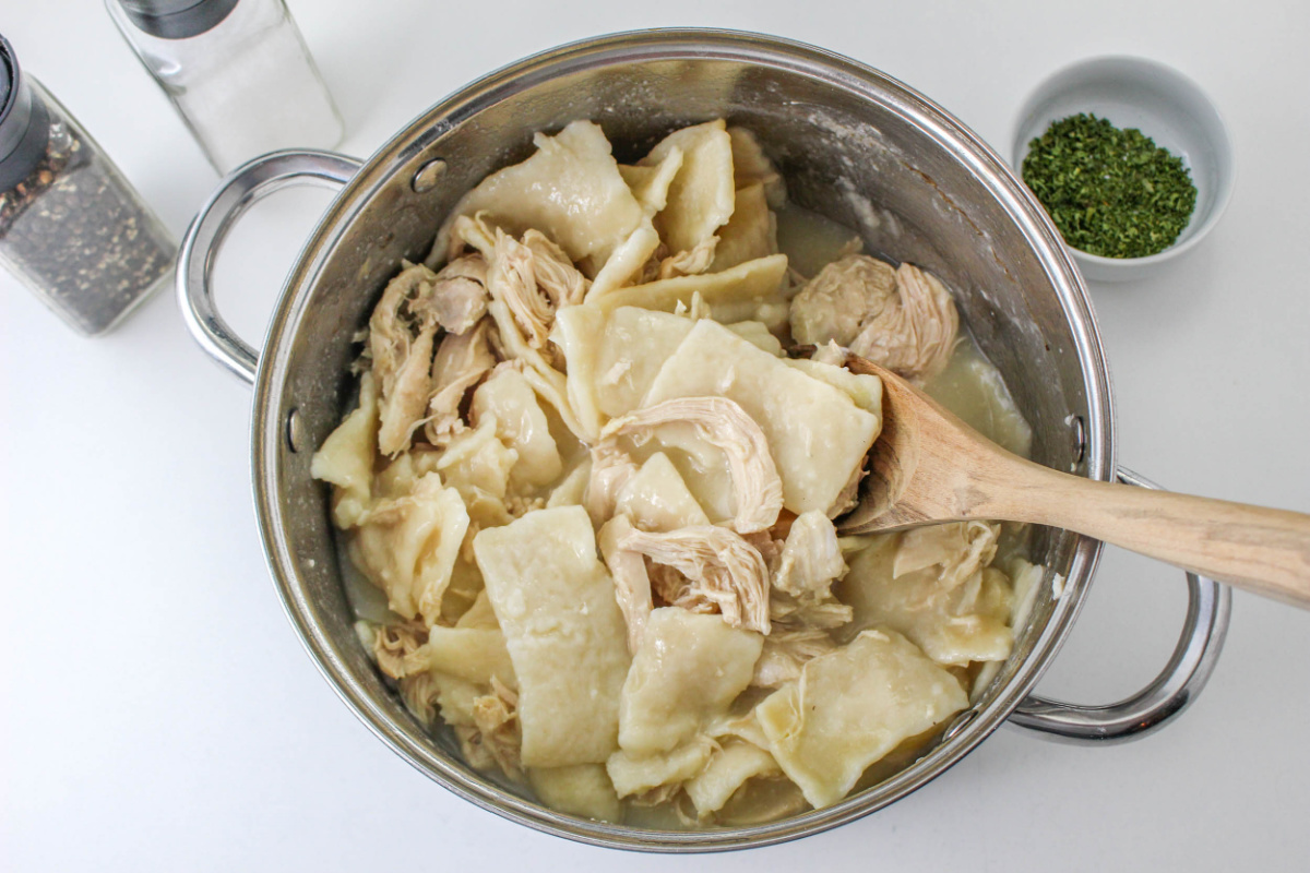 chicken added back to pot with dumplings
