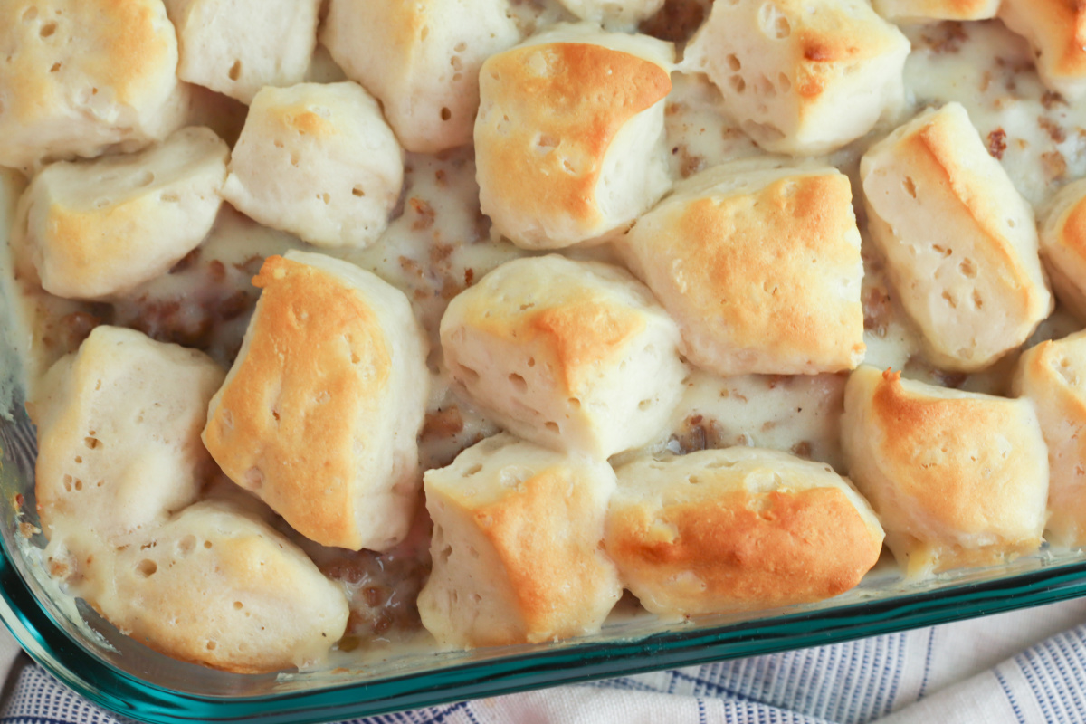 cooked Biscuit and Gravy Casserole in a baking dish