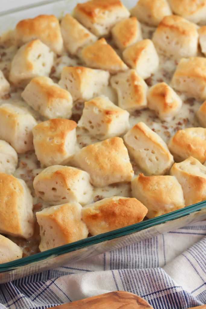 Biscuit and Gravy Casserole in a baking pan