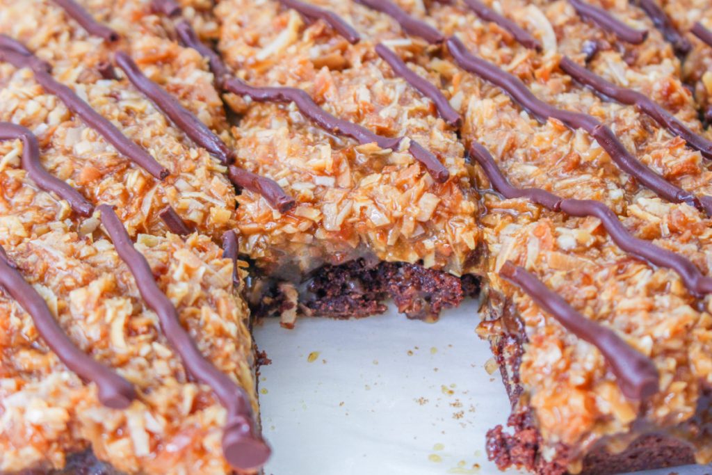 Easy Samoa Brownies on parchment paper