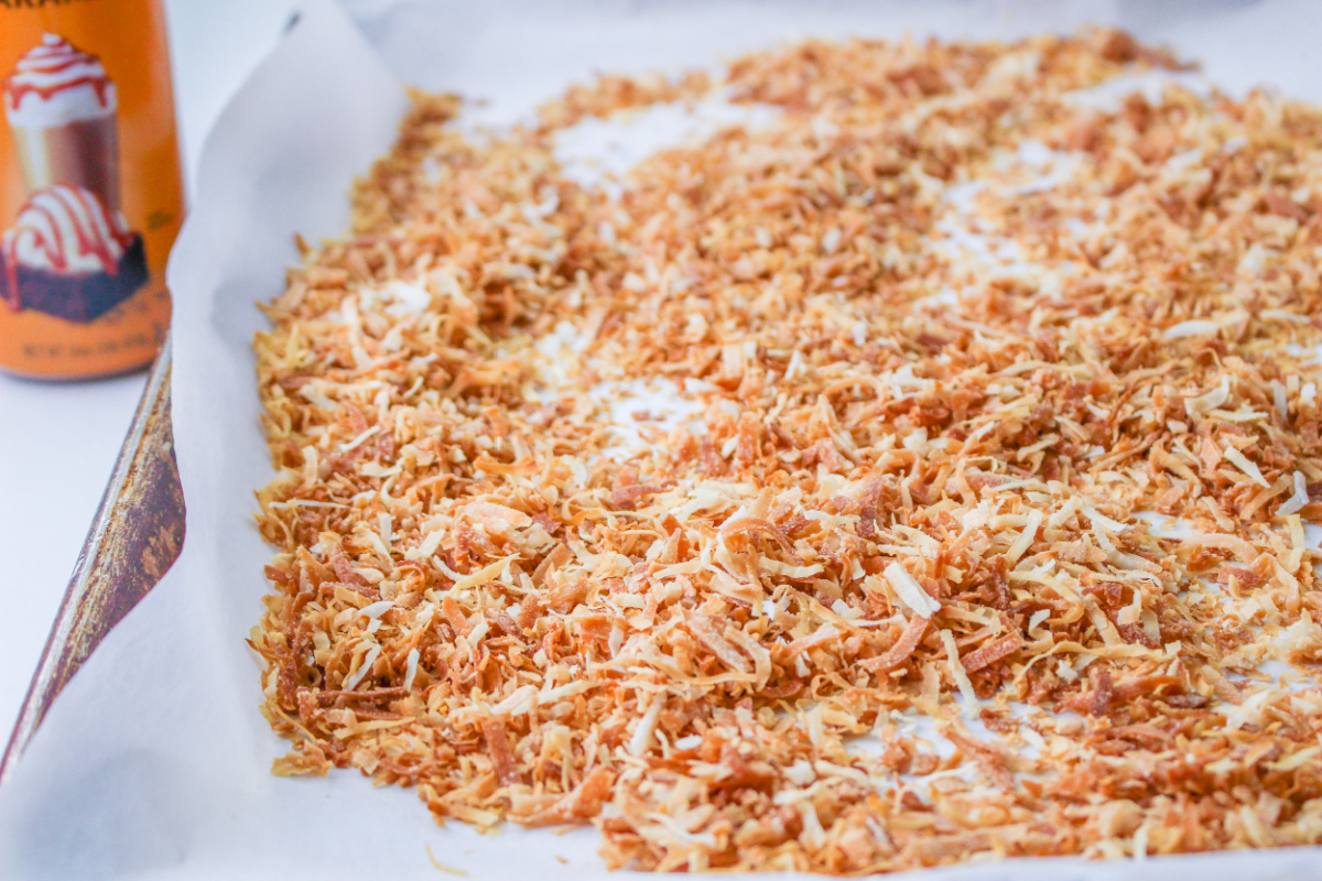 toasted coconut on a baking sheet