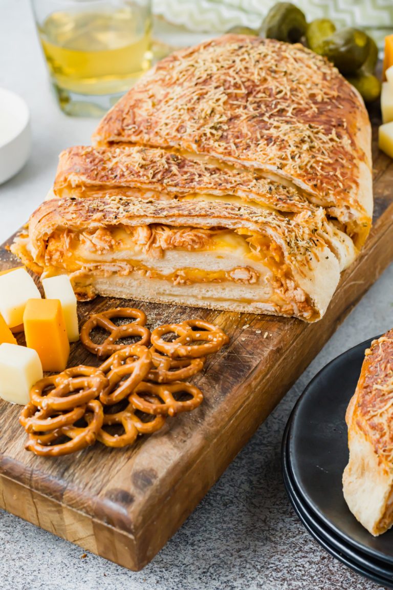 BBQ Chicken Stromboli sliced on cutting board