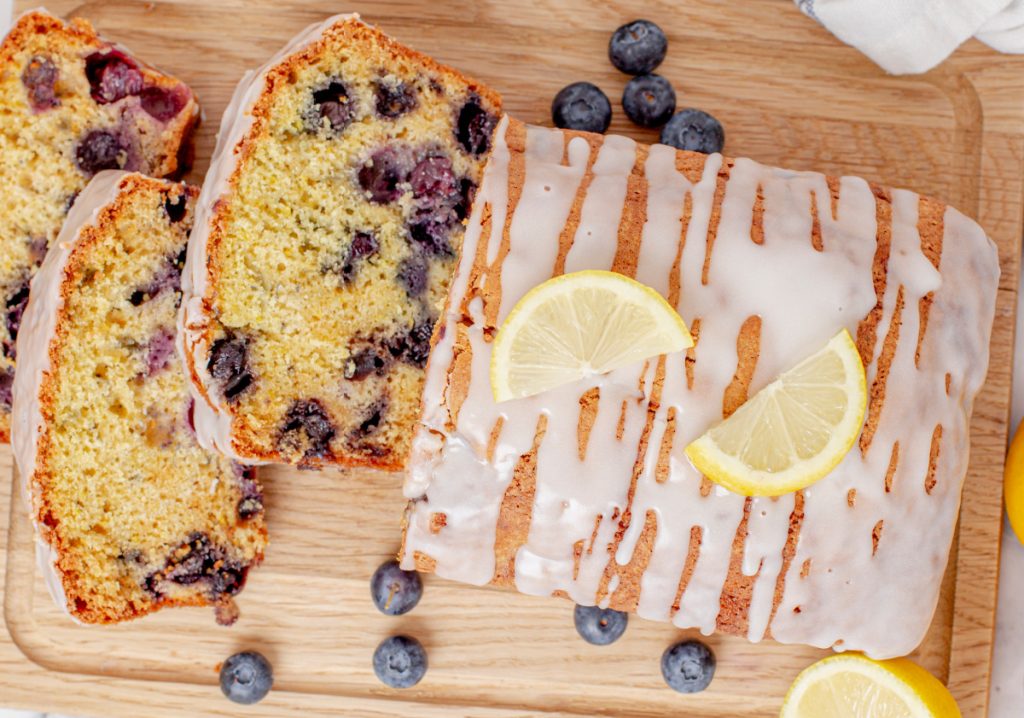 Blueberry Lemon Bread on a cutting board