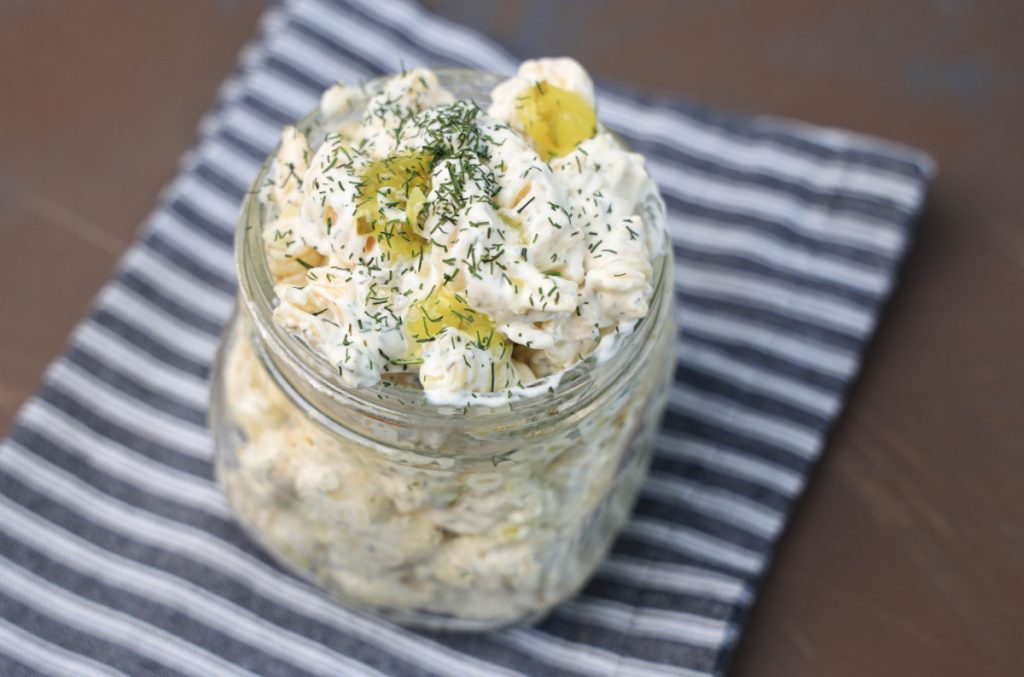 Dill Pickle Pasta Salad in a jar