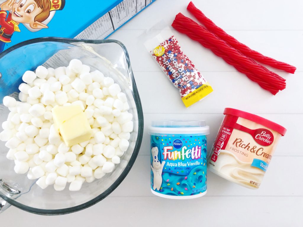 ingredients for 4th of July Flag Rice Krispies Treats.
