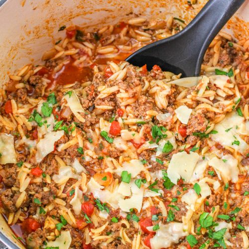 One Pot Ground Beef Orzo in a pot