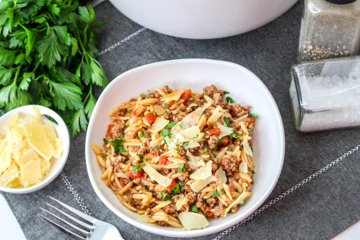 Ground Beef Orzo Skillet in a bowl
