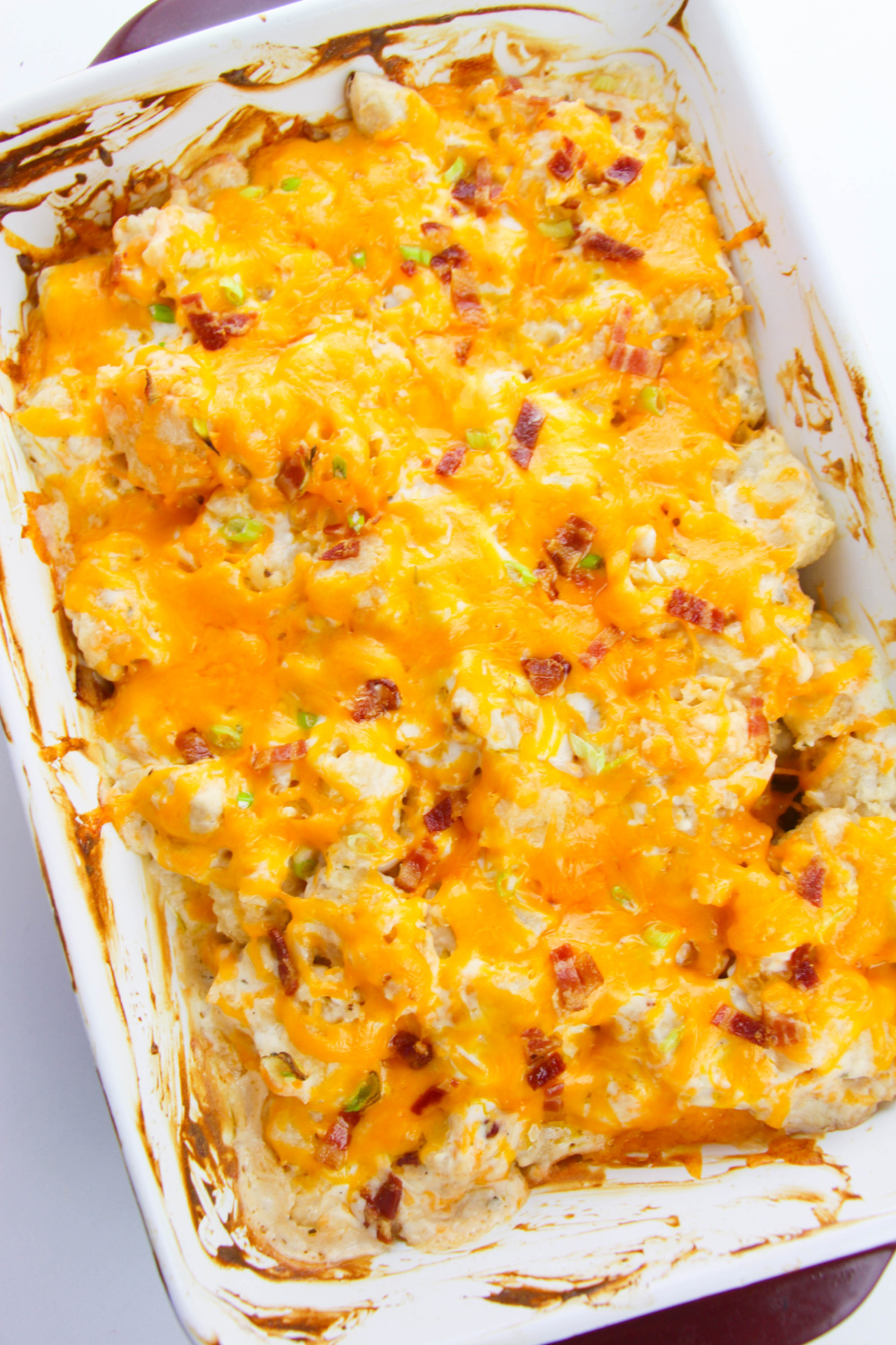 cooked Crack Chicken Tater Tot Casserole in a baking dish