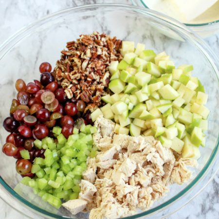 Chicken Salad with Grapes and Apples ingredients in a bowl