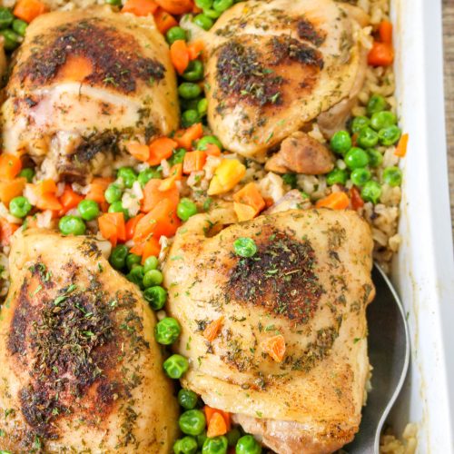 Chicken and Brown Rice Casserole in a baking dish