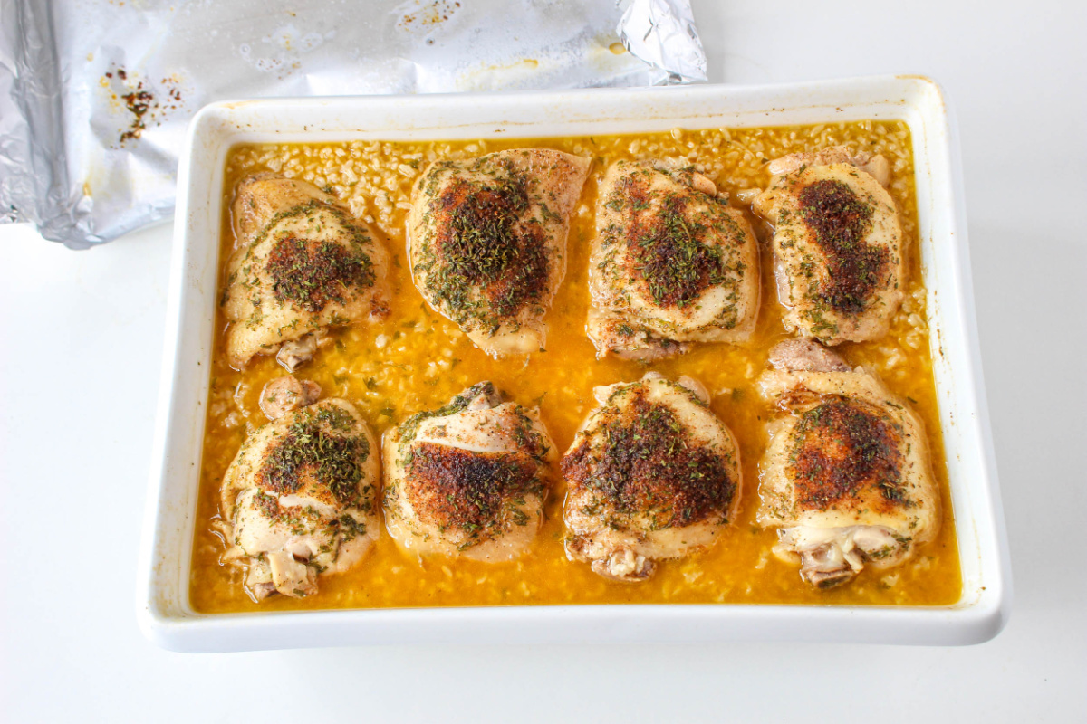 Chicken and Brown Rice Casserole in baking dish