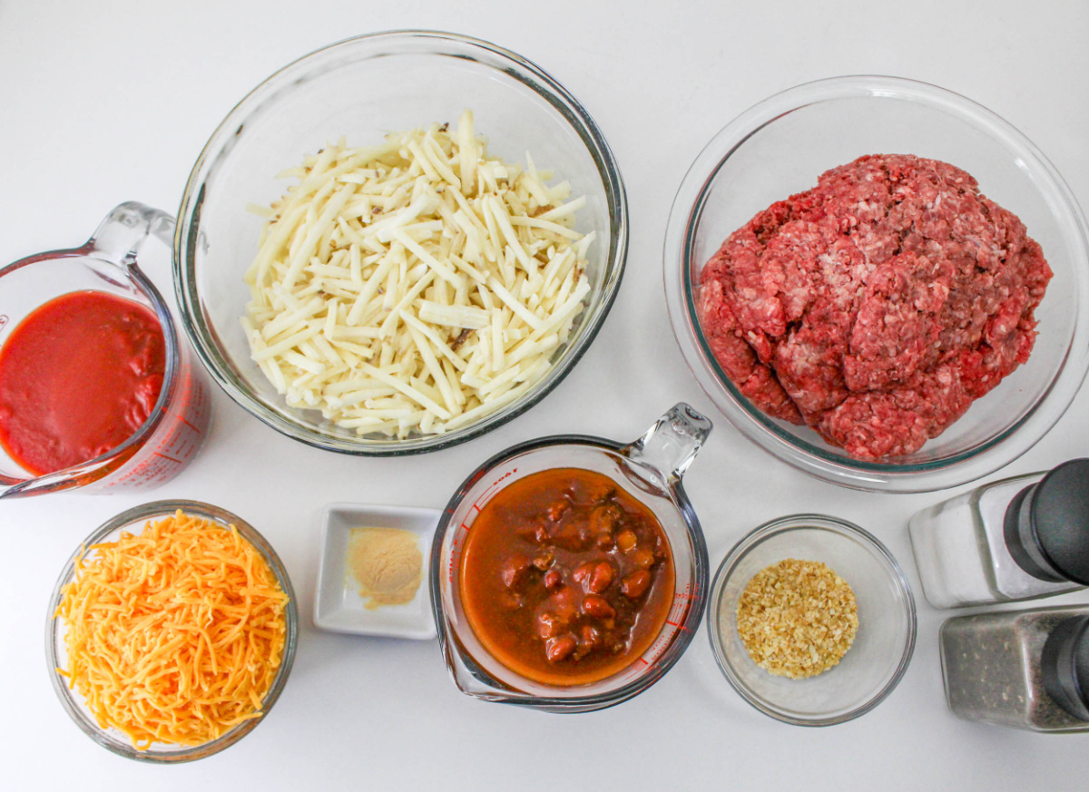 ingredients for Chili Cheese Hash Brown Casserole