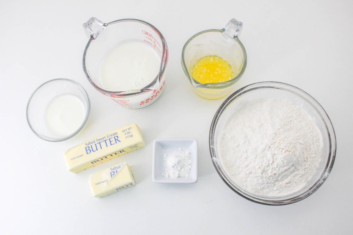 melted butter, self-rising flour, baking powder, salted butter and buttermilk 