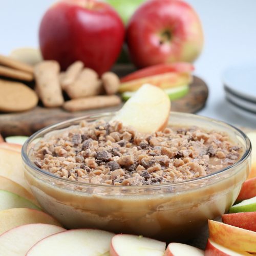Cream Cheese Caramel Apple Dip with Toffee Bits with apple slices