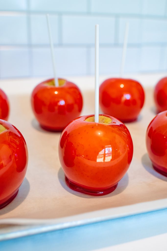 Easy Homemade Candy Apples on a baking sheet
