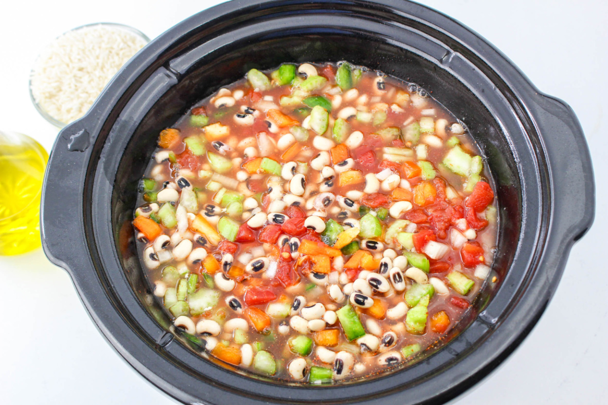 Ingredients for Black Eyed Peas and Rice in a crockpot
