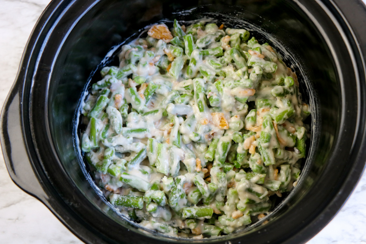 Slow Cooker Green Bean Casserole in a crockpot