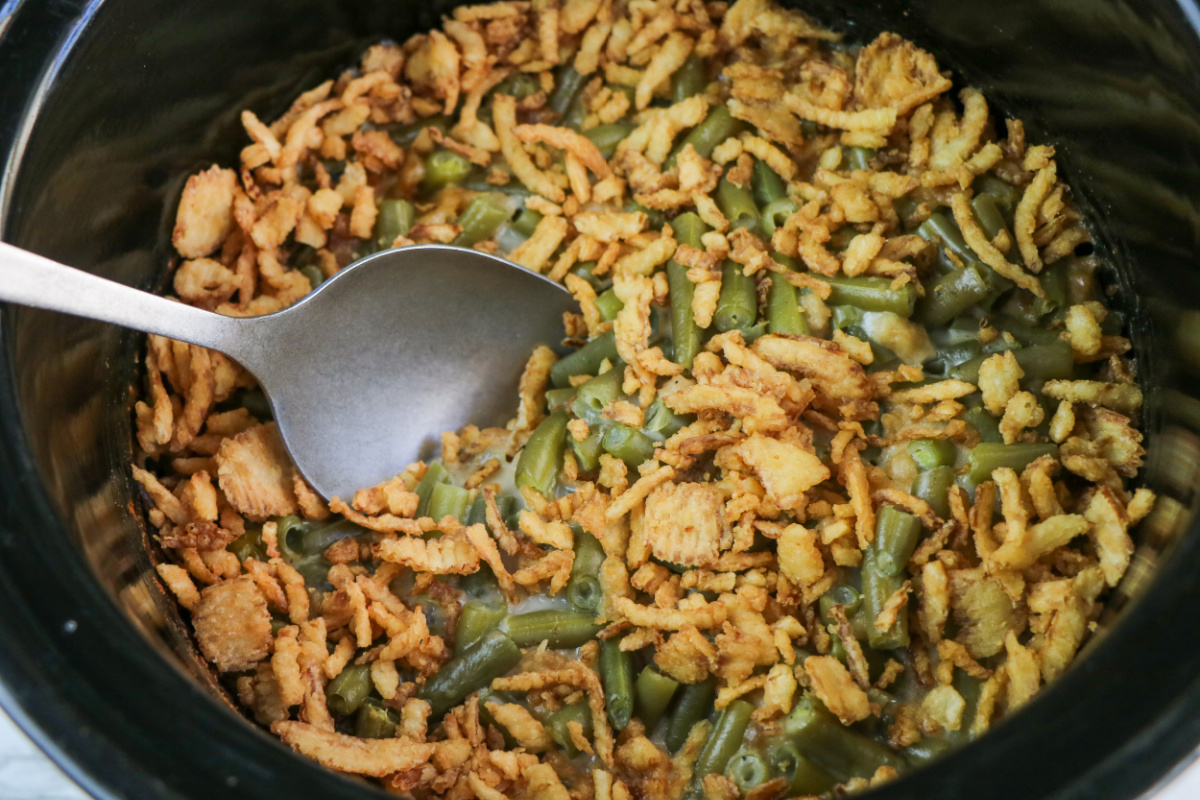 Slow Cooker Green Bean Casserole in a crockpot 