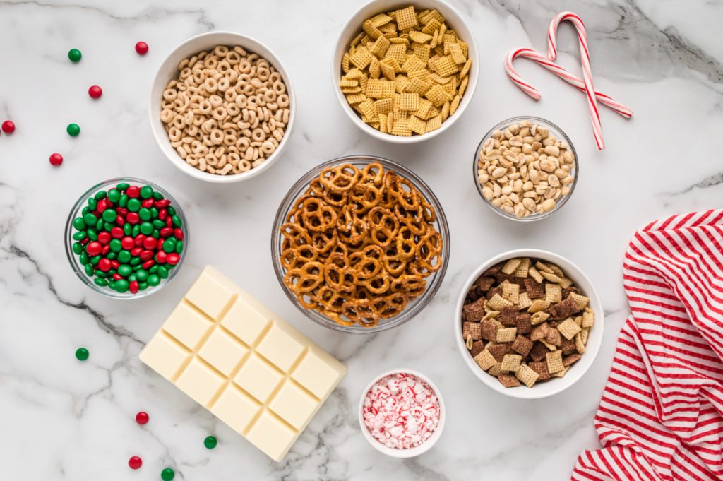 ingredients for Christmas Chex Mix