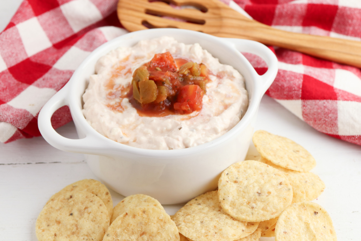 creamy salsa dip in a bowl with chips