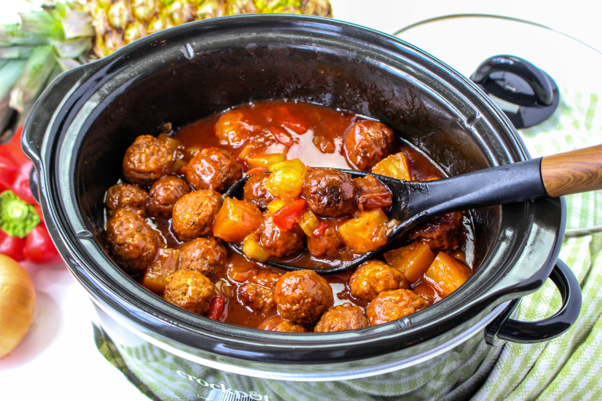 Crockpot Pineapple Barbecue Meatballs in a slow cooker
