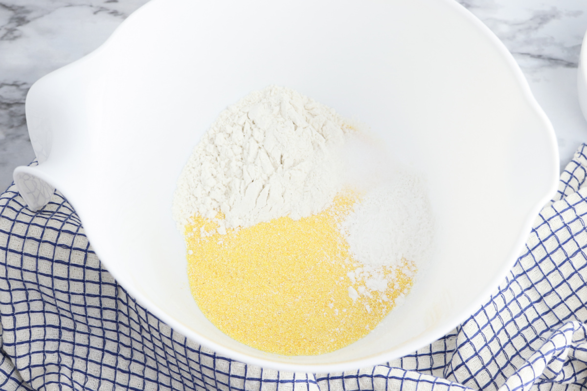 cornmeal, flour, baking powder, salt, and sugar in a mixing bowl