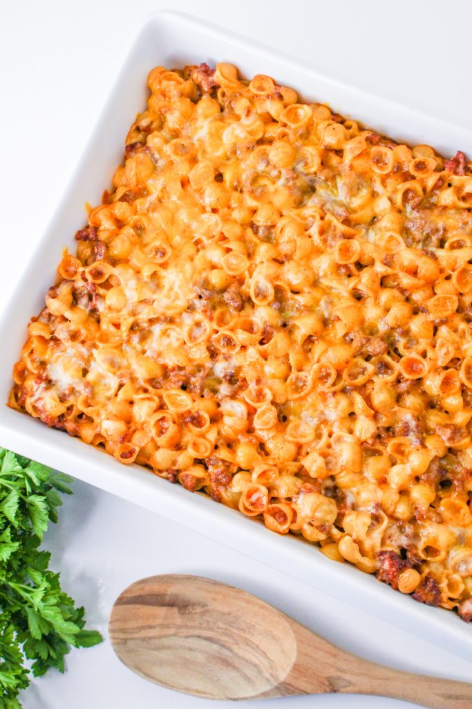 Tomato Soup Hamburger Casserole in a baking dish