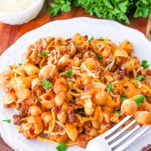 Tomato Soup Hamburger Casserole on a plate