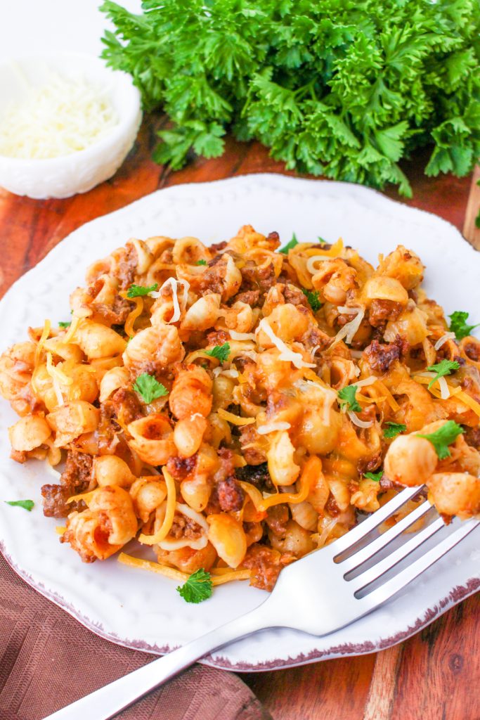 Tomato Soup Hamburger Casserole on a plate