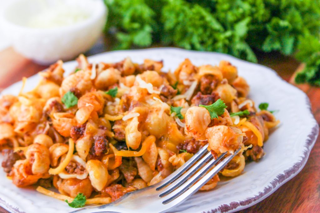 Tomato Soup Hamburger Casserole on a plate