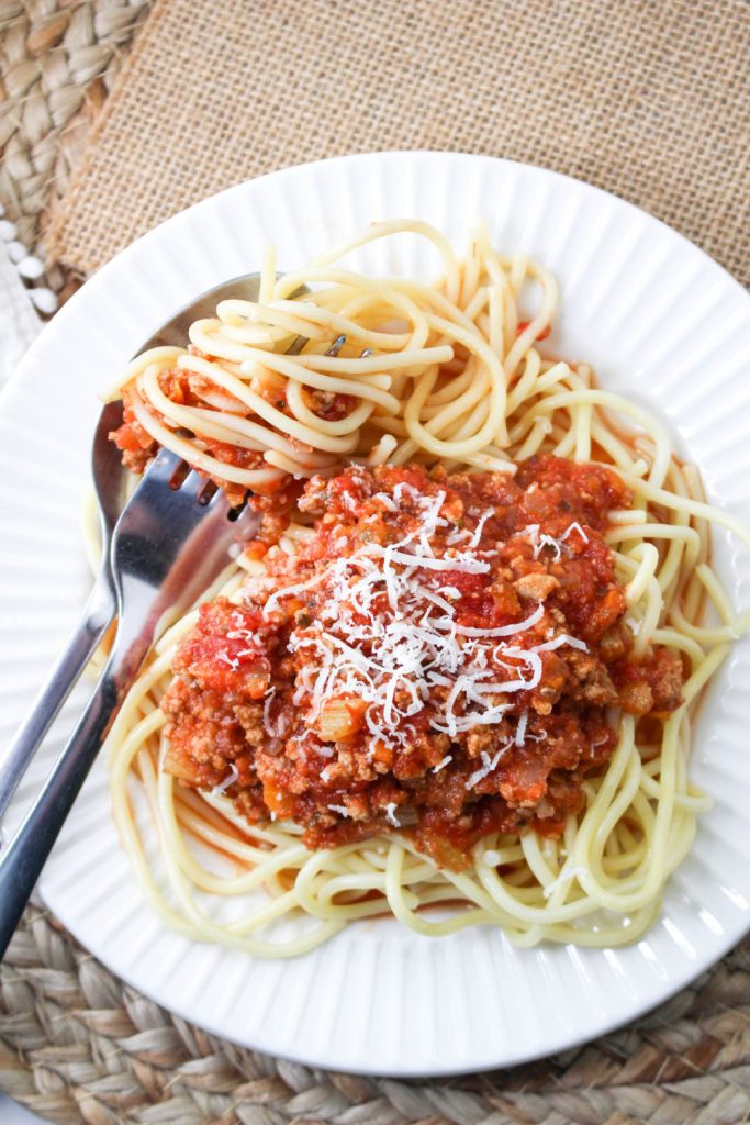 Ground Beef Turkey Bolognese recipe on a plate with pasta