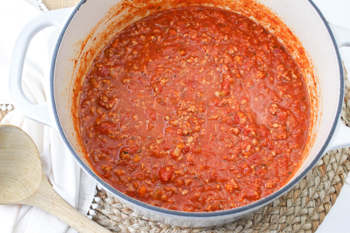 Ground Turkey Bolognese Sauce in a cooking pot