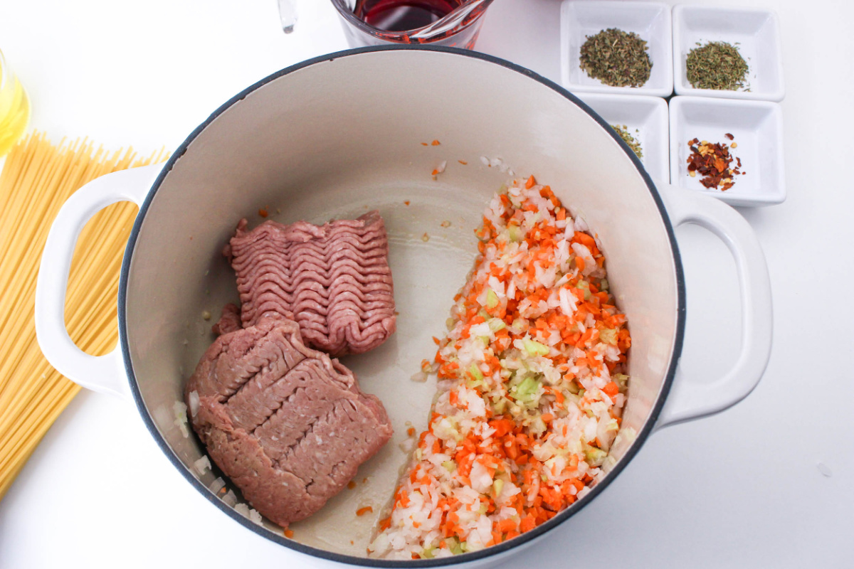 ground turkey added to pot with veggies