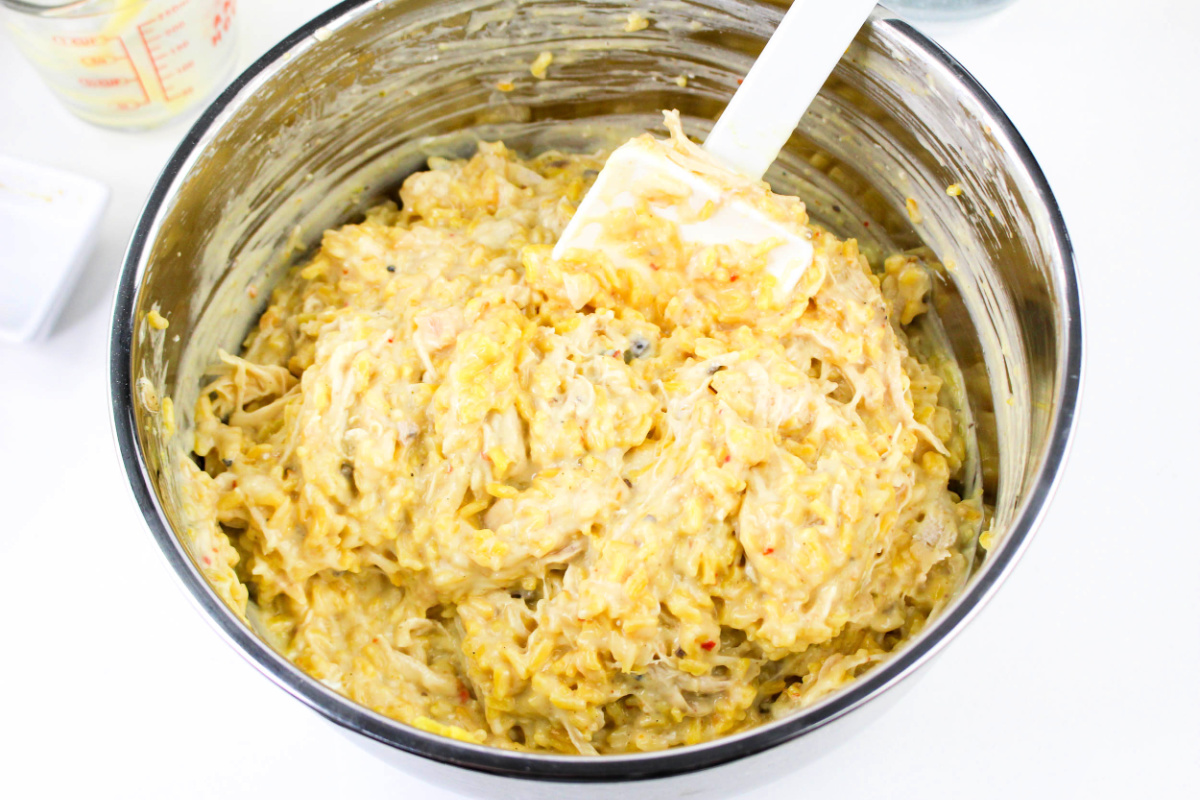 Chicken and Yellow Rice Casserole mixture in a bowl