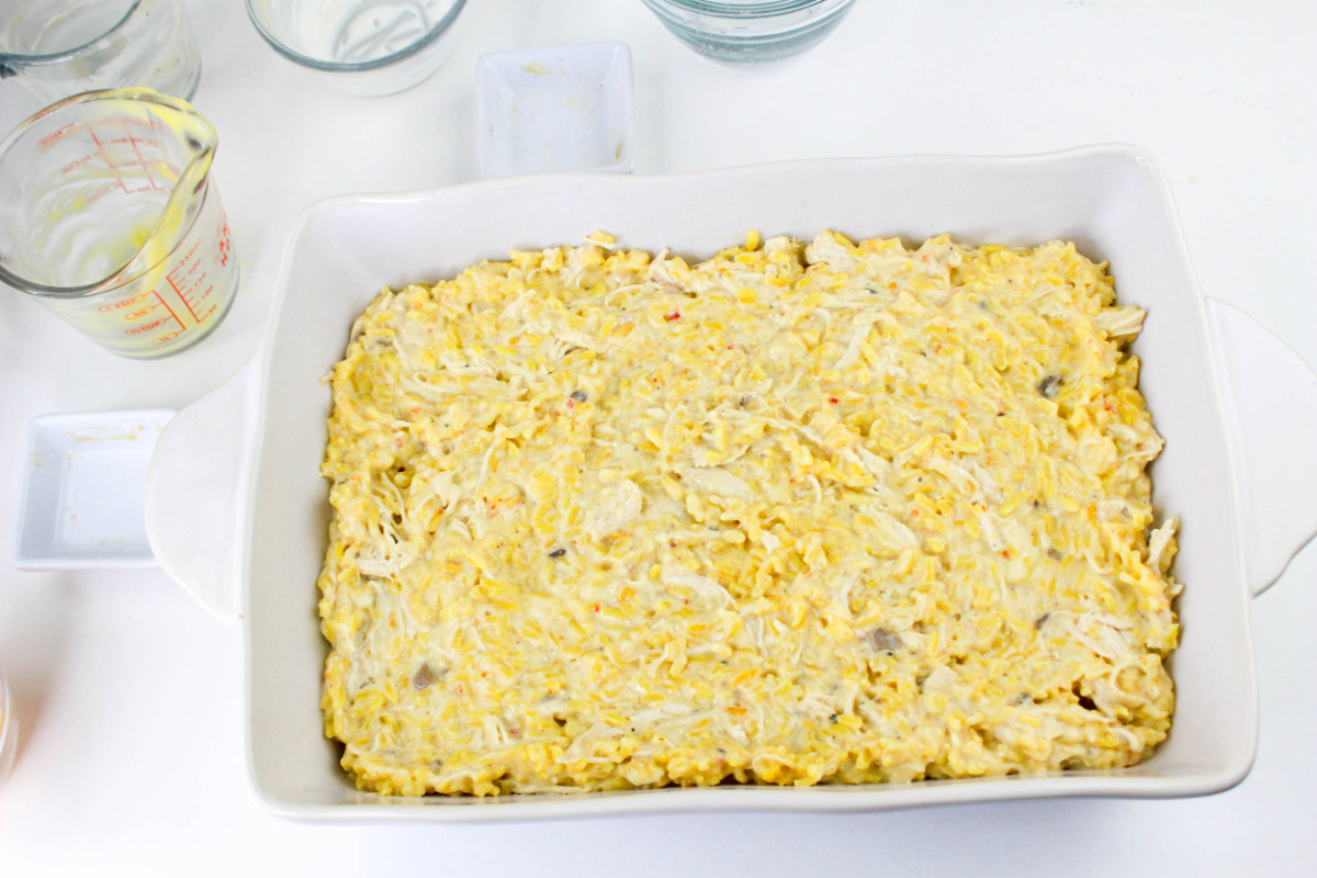 chicken and rice casserole in a baking dish