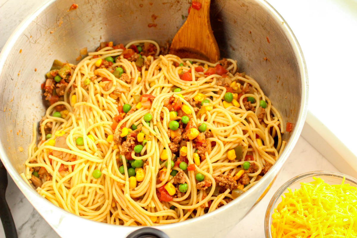 pasta mixed in with beef mixture