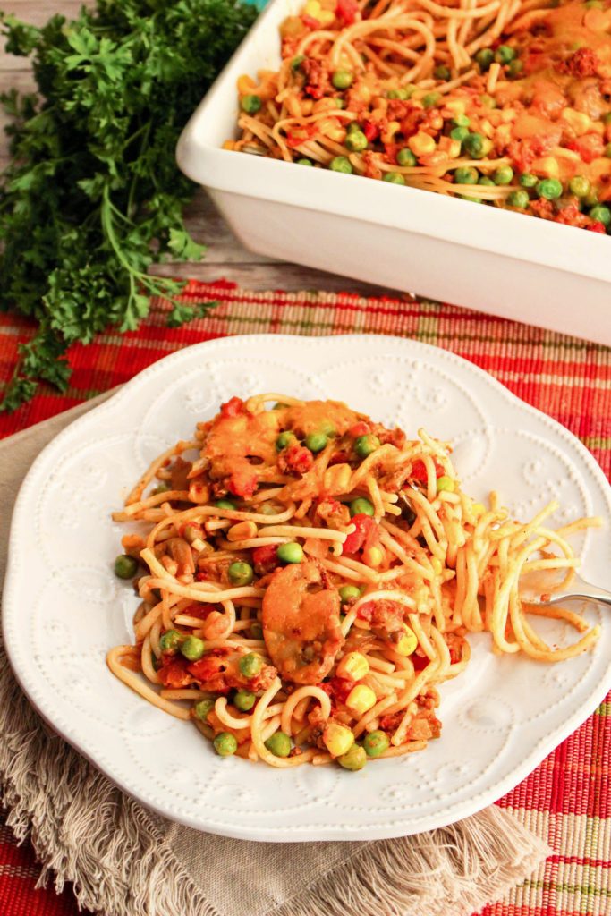 Church Supper Spaghetti Casserole on a plate