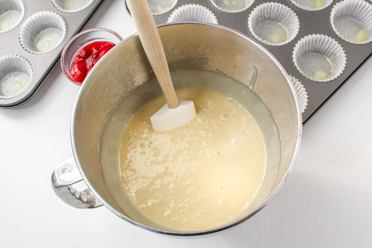 cake batter in a mixing bowl