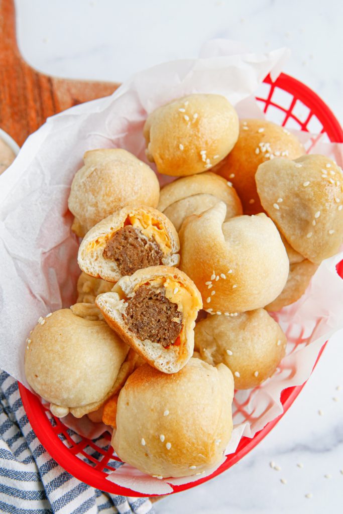 Cheeseburger Meatball Bombs in a basket