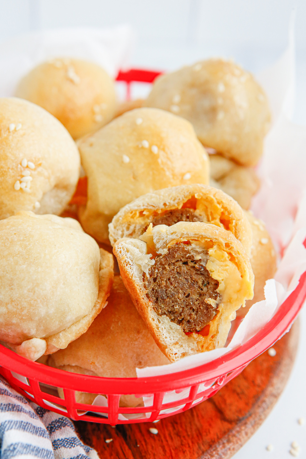 Cheeseburger Meatball Bombs in a basket