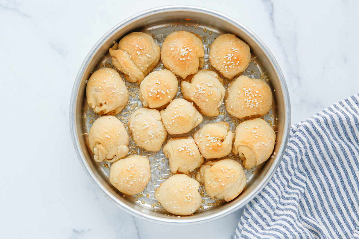 cooked Cheeseburger Meatball Bombs in a pan