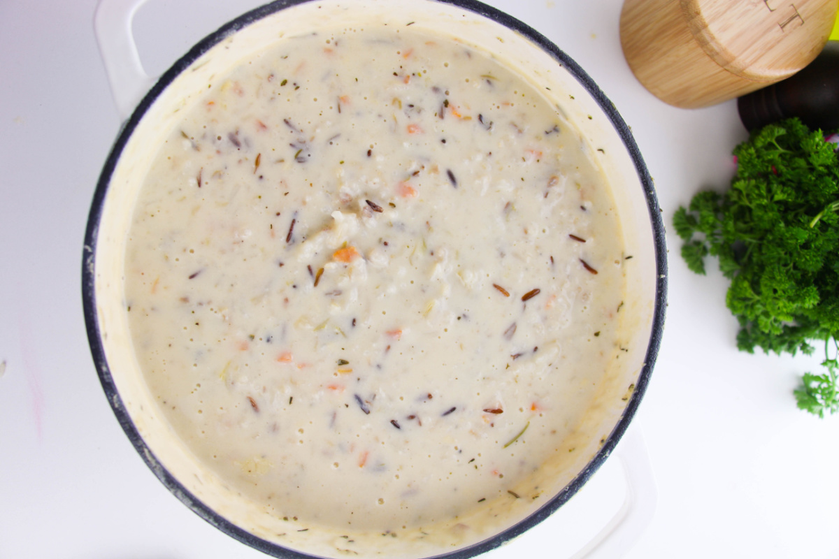 creamy wild rice soup in a pot