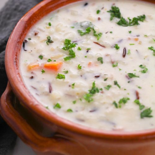 creamy wild rice soup in a bowl