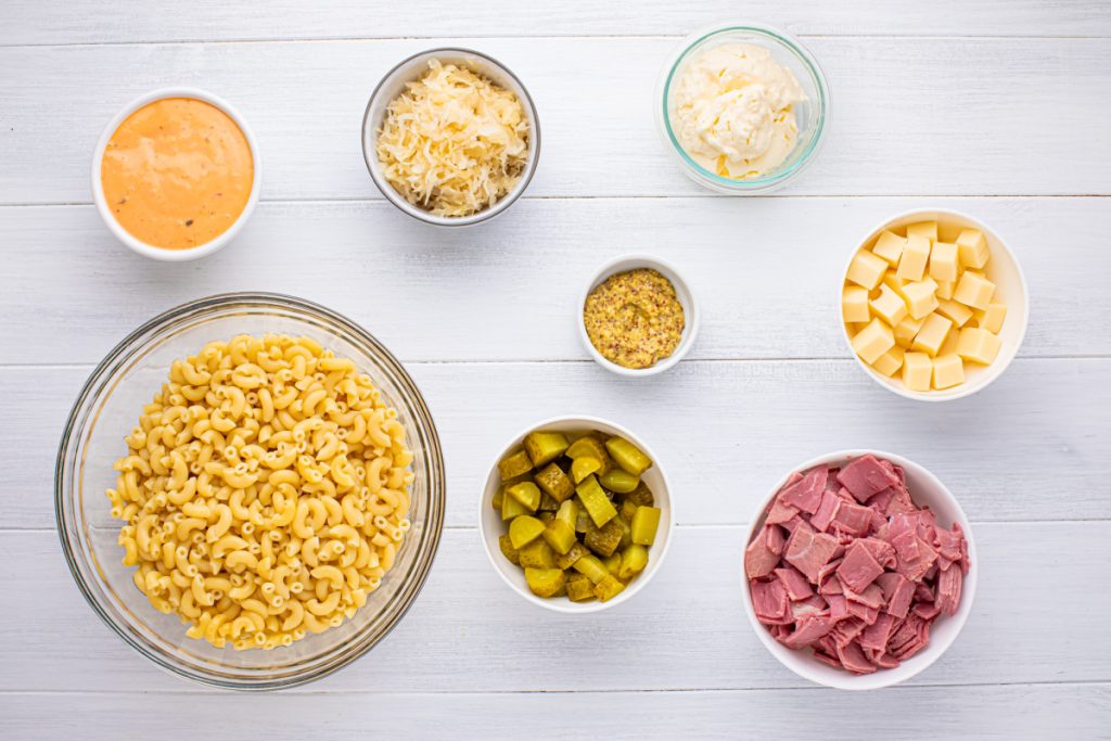 Ingredients for reuben pasta salad