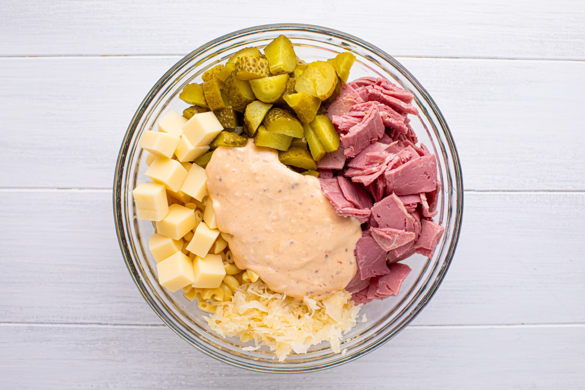 ingredients for Reuben Pasta Salad in a bowl