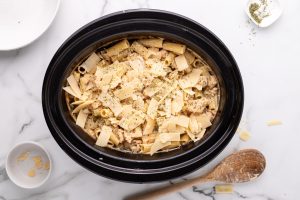 Slow Cooker Garlic Parmesan Chicken and Pasta in a slow cooker