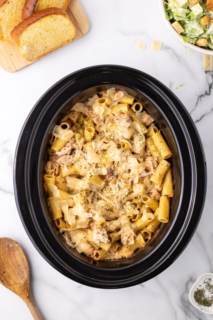 Slow Cooker Garlic Parmesan Chicken and Pasta in a slow cooker